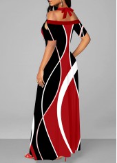 Red dresses,Geometric dresses,ROTITA Strappy Cold Shoulder Red Printed Maxi Dress