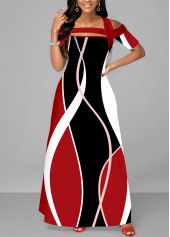 Red dresses,Geometric dresses,ROTITA Strappy Cold Shoulder Red Printed Maxi Dress