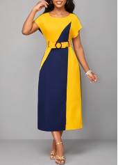 Navy dresses,Yellow dresses,Contrast Color dresses,ROTITA Patchwork Navy Belted H Shape Round Neck Dress