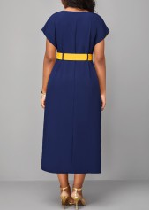 Navy dresses,Yellow dresses,Contrast Color dresses,ROTITA Patchwork Navy Belted H Shape Round Neck Dress