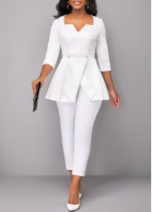 Raw white tops,Plain Color tops,ROTITA Split Raw White Square Neck Blouse