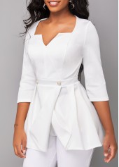 Raw white tops,Plain Color tops,ROTITA Split Raw White Square Neck Blouse