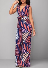 Multi Color jumpsuits & rompers,Striped jumpsuits & rompers,Geometric jumpsuits & rompers,ROTITA Striped Multi Color Belted V Neck Jumpsuit