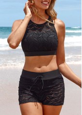 Black swimwear,Plain Color swimwear,ROTITA Lace Cutout Back Black Bikini Top