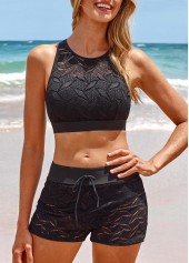 Lace Cutout Back Black Bikini Set