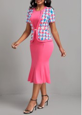Hot Pink dresses,Houndstooth dresses,ROTITA Button Houndstooth Print Hot Pink Bodycon Dress