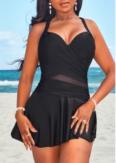 Black swimwear,Plain Color swimwear,ROTITA Criss Cross Mesh Black Swimdress Top