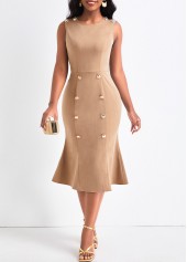 ROTITA Double Breasted Light Camel Round Neck Bodycon Dress