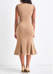 Light Camel dresses,Plain Color dresses,ROTITA Double Breasted Light Camel Round Neck Bodycon Dress