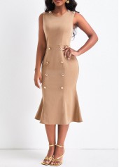 Light Camel dresses,Plain Color dresses,ROTITA Double Breasted Light Camel Round Neck Bodycon Dress