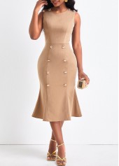 Light Camel dresses,Plain Color dresses,ROTITA Double Breasted Light Camel Round Neck Bodycon Dress