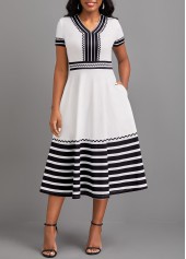 ROTITA Patchwork Striped White V Neck Short Sleeve Dress