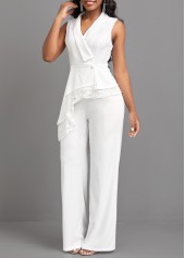 White jumpsuits & rompers,Plain Color jumpsuits & rompers,ROTITA Lace White Long Turn Down Collar Sleeveless Jumpsuit