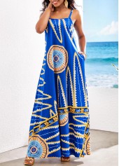 ROTITA Pocket Leaf Print Royal Blue Maxi Dress