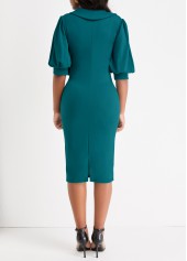 Peacock Blue dresses,Plain Color dresses,ROTITA Button Peacock Blue Turn Down Collar Bodycon Dress