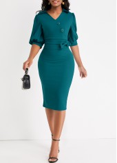ROTITA Button Peacock Blue Turn Down Collar Bodycon Dress