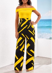 ROTITA Patchwork Geometric Print Yellow Off Shoulder Jumpsuit