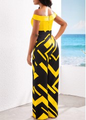 Yellow jumpsuits & rompers,Black jumpsuits & rompers,Geometric jumpsuits & rompers,ROTITA Patchwork Geometric Print Yellow Off Shoulder Jumpsuit