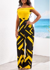 Yellow jumpsuits & rompers,Black jumpsuits & rompers,Geometric jumpsuits & rompers,ROTITA Patchwork Geometric Print Yellow Off Shoulder Jumpsuit