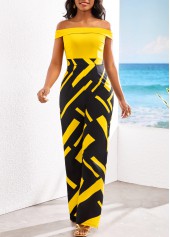 Yellow jumpsuits & rompers,Black jumpsuits & rompers,Geometric jumpsuits & rompers,ROTITA Patchwork Geometric Print Yellow Off Shoulder Jumpsuit