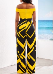 Yellow jumpsuits & rompers,Black jumpsuits & rompers,Geometric jumpsuits & rompers,ROTITA Patchwork Geometric Print Yellow Off Shoulder Jumpsuit