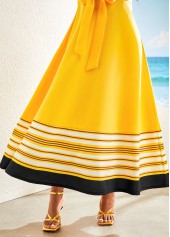 Yellow dresses,Striped dresses,Geometric dresses,ROTITA Patchwork Striped Yellow Belted V Neck Maxi Dress