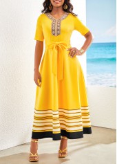 ROTITA Patchwork Striped Yellow Belted V Neck Maxi Dress