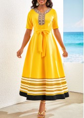 Yellow dresses,Striped dresses,Geometric dresses,ROTITA Patchwork Striped Yellow Belted V Neck Maxi Dress