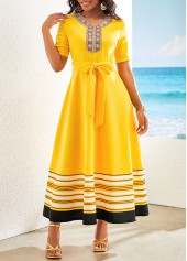 Yellow dresses,Striped dresses,Geometric dresses,ROTITA Patchwork Striped Yellow Belted V Neck Maxi Dress