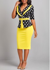 Yellow dresses,Black dresses,Dot dresses,Geometric dresses,Party dresses,Elegant dresses,ROTITA Patchwork Polka Dot Yellow V Neck Bodycon Dress