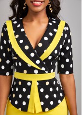 Yellow dresses,Black dresses,Dot dresses,Geometric dresses,Party dresses,Elegant dresses,ROTITA Patchwork Polka Dot Yellow V Neck Bodycon Dress