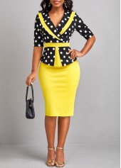 Yellow dresses,Black dresses,Dot dresses,Geometric dresses,Party dresses,Elegant dresses,ROTITA Patchwork Polka Dot Yellow V Neck Bodycon Dress