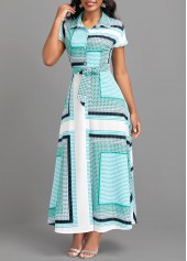 Cyan dresses,Geometric dresses,ROTITA Button Geometric Print Cyan Belted Maxi Dress