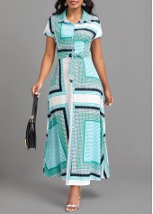 Cyan dresses,Geometric dresses,ROTITA Button Geometric Print Cyan Belted Maxi Dress