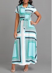ROTITA Button Geometric Print Cyan Belted Maxi Dress