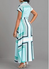 Cyan dresses,Geometric dresses,ROTITA Button Geometric Print Cyan Belted Maxi Dress