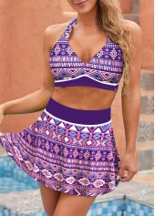 Purple swimwear,Tribal swimwear,Striped swimwear,Geometric swimwear,ROTITA Purple Halter Tribal Print Bikini Top