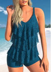 Lace Layered Hem Peacock Blue Tankini Set