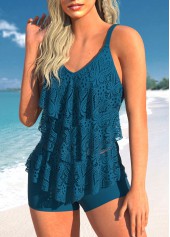 Peacock Blue swimwear,Plain Color swimwear,ROTITA Lace Layered Hem Peacock Blue Tankini Top