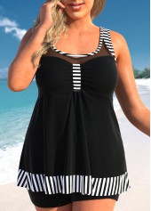 Plus Size Mesh Striped Black Tankini Set