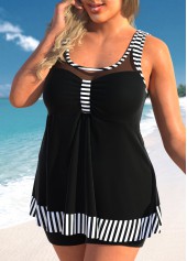 Black plus size,Striped plus size,Geometric plus size,ROTITA Plus Size Mesh Striped Black Tankini Top