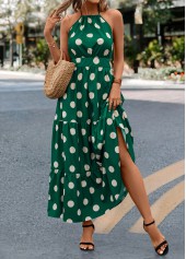 Green dresses,Dot dresses,Tie Polka Dot Green Halter Strappy Maxi Dress