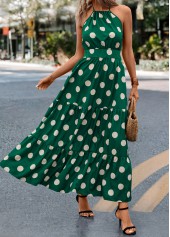 Green dresses,Dot dresses,Tie Polka Dot Green Halter Strappy Maxi Dress