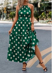 Tie Polka Dot Green Halter Strappy Maxi Dress