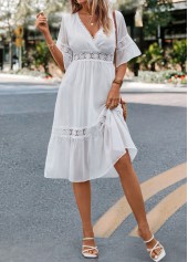 White dresses,Plain Color dresses,Patchwork White V Neck Half Sleeve Dress