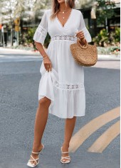 White dresses,Plain Color dresses,Patchwork White V Neck Half Sleeve Dress