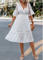White dresses,Plain Color dresses,Patchwork White V Neck Half Sleeve Dress