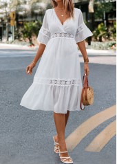Patchwork White V Neck Half Sleeve Dress