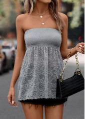 Grey tops,Plain Color tops,Smocked Grey Lace Bandeau Tank Top