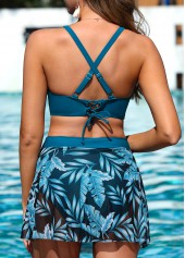 Peacock Blue swimwear,Plants swimwear,Criss Cross Peacock Blue Leaf Print Bikini Set